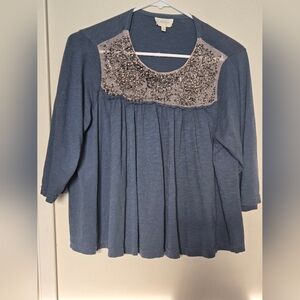 Deletta Blue Tunic with Beaded Scoop Yoke